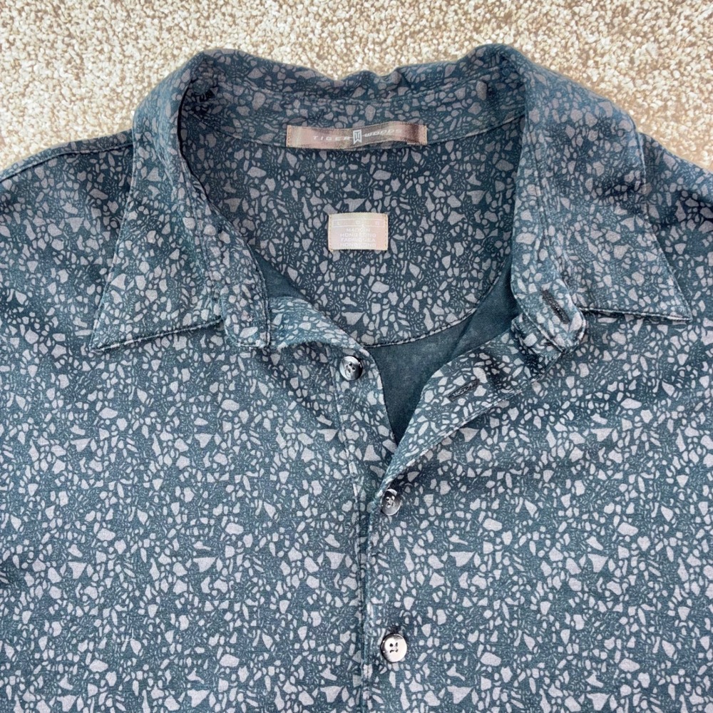 Mens Blue Grey Floral Print Short Sleeve Collared Polo Shirt Size L